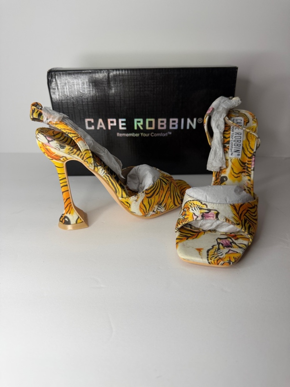 Cape Robbin Yellow Tiger-Print Open-Toe Heels with Orange Accent - Picture 3 of 9